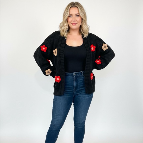 Icee Sweaters - Floral Embellished Black Cardigan